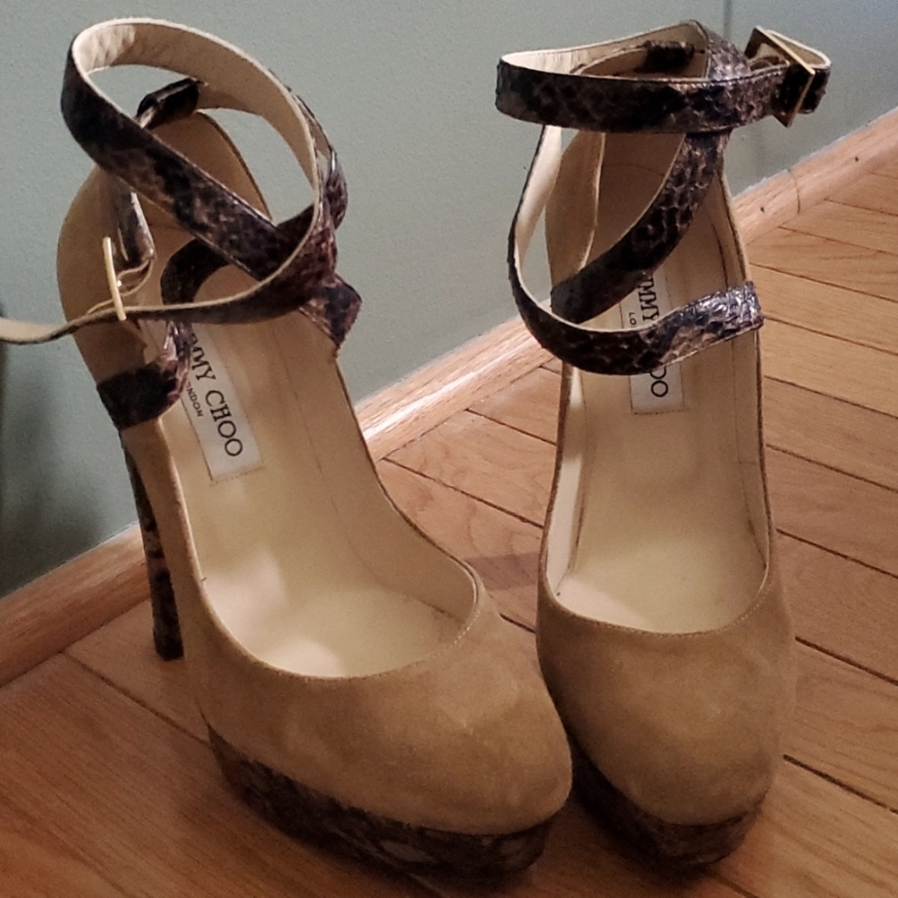 Jimmy choo python ankle wrap tan suede platform shoes
